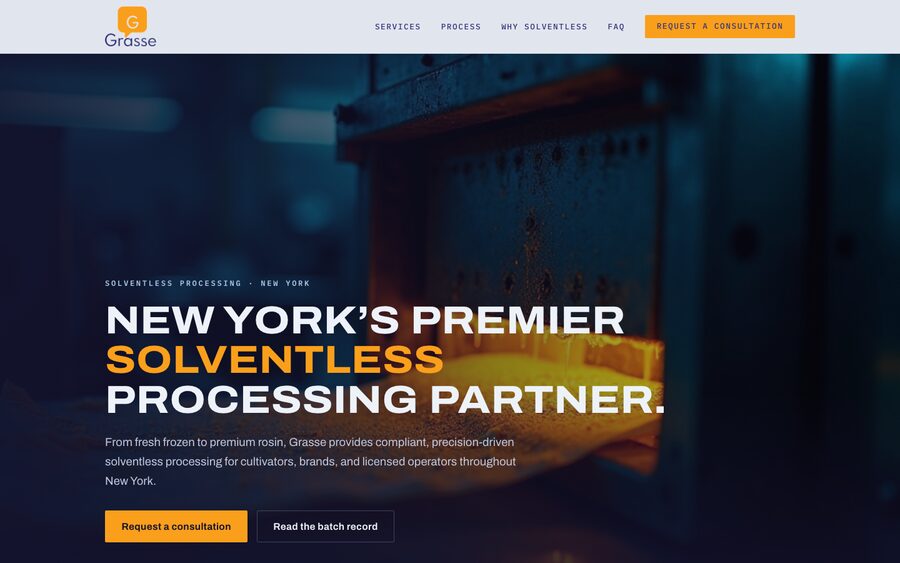 Concept B homepage — dark navy hero with wide uppercase headline