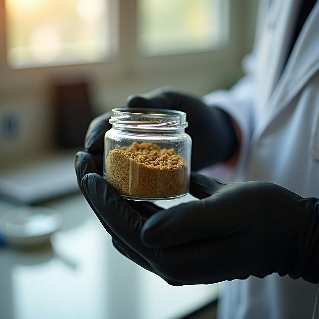 Jar of golden bubble hash granules held in a gloved hand