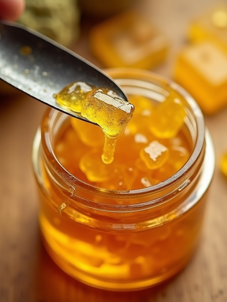 Golden cold-cure rosin lifted from a glass jar