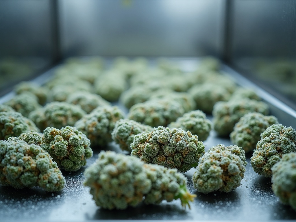 Frost-covered fresh frozen flower on freeze dryer trays