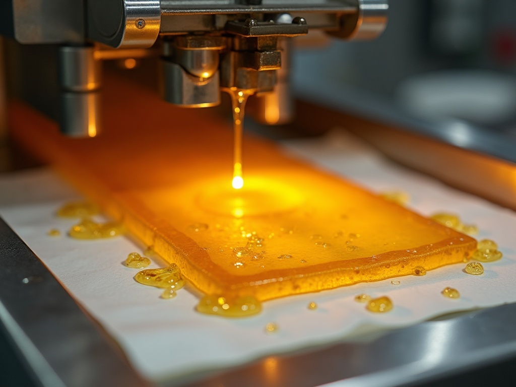 Rosin flowing onto parchment between press plates